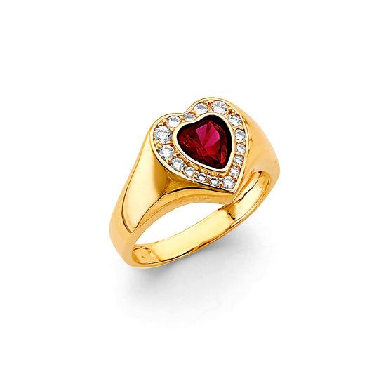 14K Yellow Gold Heart Shape Synthetic Red Ruby CZ Halo Ring