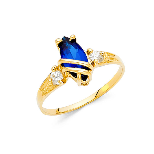 14K Yellow Gold Synthetic Sapphire Blue CZ Pear Solitaire Women’s Ring