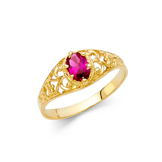 14K Yellow Gold Synthetic Red Ruby CZ Oval Filigree Women’s Ring