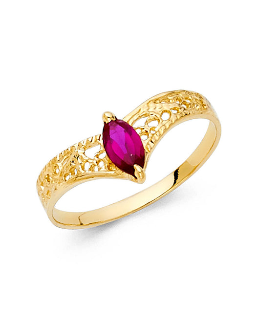 14K Yellow Gold Synthetic Red Ruby CZ Marquise Filigree Women’s Ring