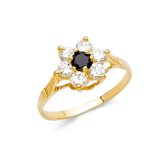 14K Yellow Gold Women’s Floral Design Black CZ with White CZ Ring