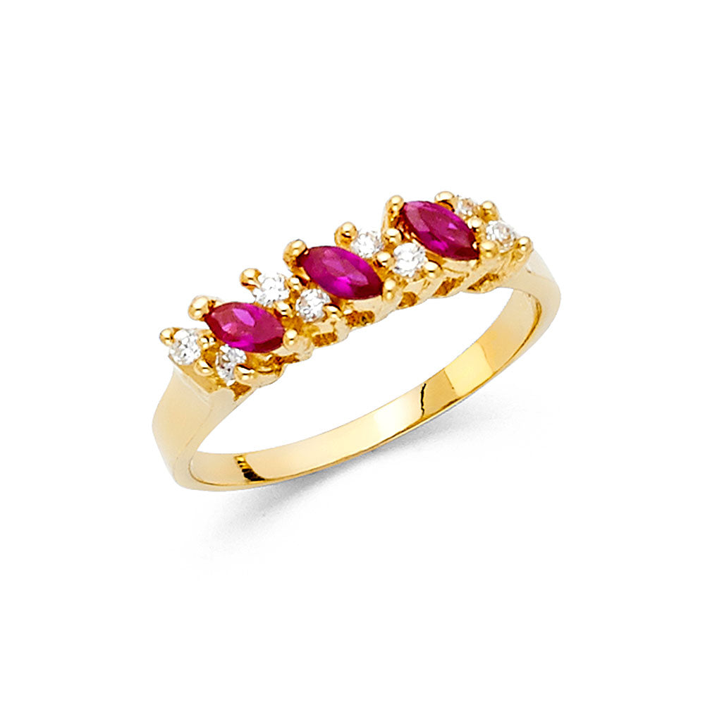 14K Yellow Gold Triple Marquise Synthetic Red Ruby CZ Ring