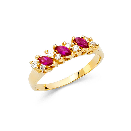 14K Yellow Gold Triple Marquise Synthetic Red Ruby CZ Ring
