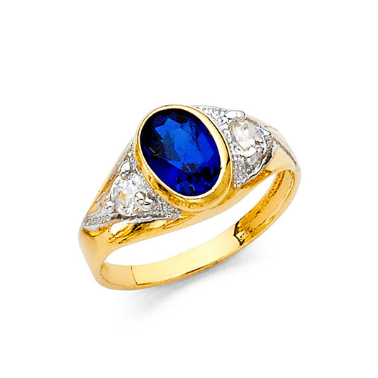 14K Two-Tone Gold Children’s / Teen’s Oval Ring with Synthetic Blue Stone and Cubic Zirconia