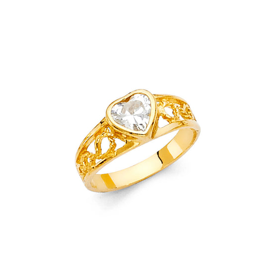 14K Yellow Gold Children’s / Teen’s Filigree Heart Ring with Cubic Zirconia