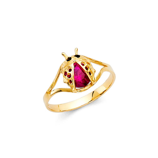 14K Yellow Gold Ladybug Design Synthetic Red Ruby CZ Children’s Ring