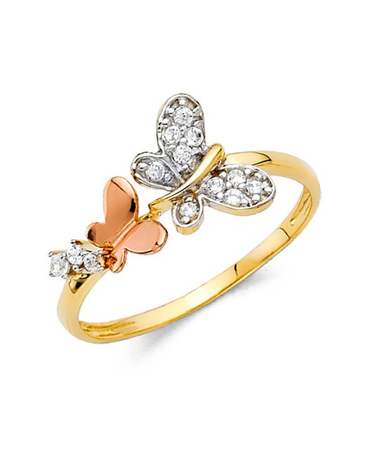 14K Tri-Color Gold Women’s Double Butterfly Design CZ Ring