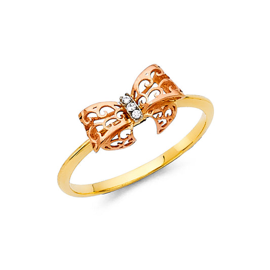 14K Two-Tone Gold Filigree Bow CZ Ring