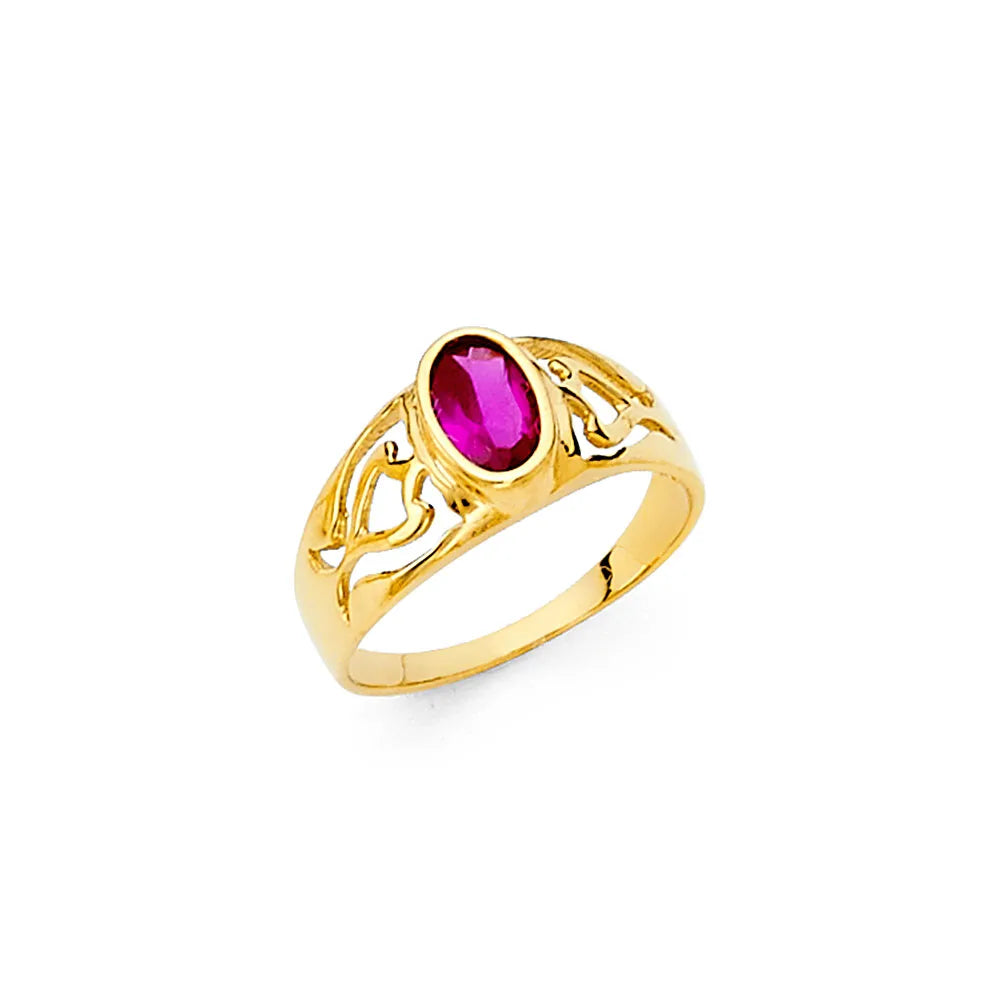 14K Yellow Gold Oval Synthetic Red Ruby CZ Filigree Children’s Ring