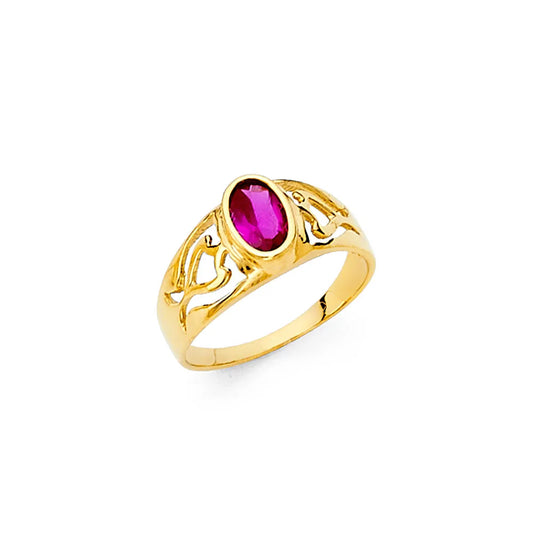 14K Yellow Gold Oval Synthetic Red Ruby CZ Filigree Children’s Ring