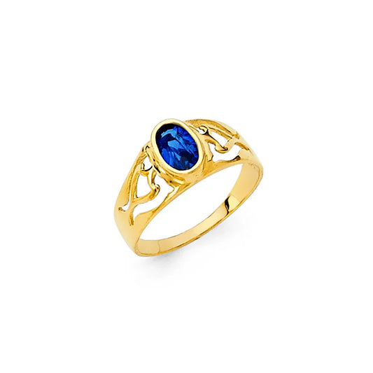 14K Yellow Gold Children’s Filigree Design Synthetic Sapphire Blue CZ Ring