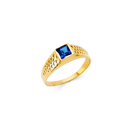 14K Yellow Gold Children’s Princess Cut Synthetic Sapphire Blue CZ Filigree Ring