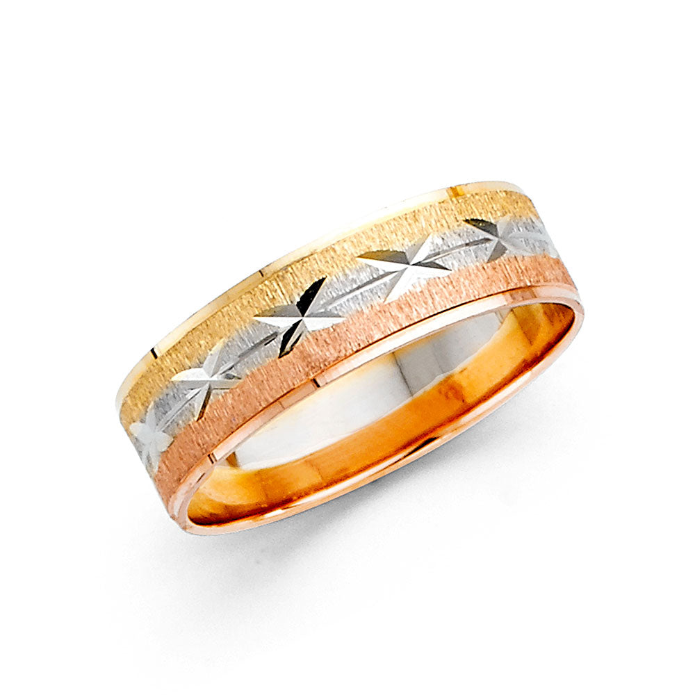 14K Tri-Color Gold Diamond-Cut Star 6mm Men's Wedding Band