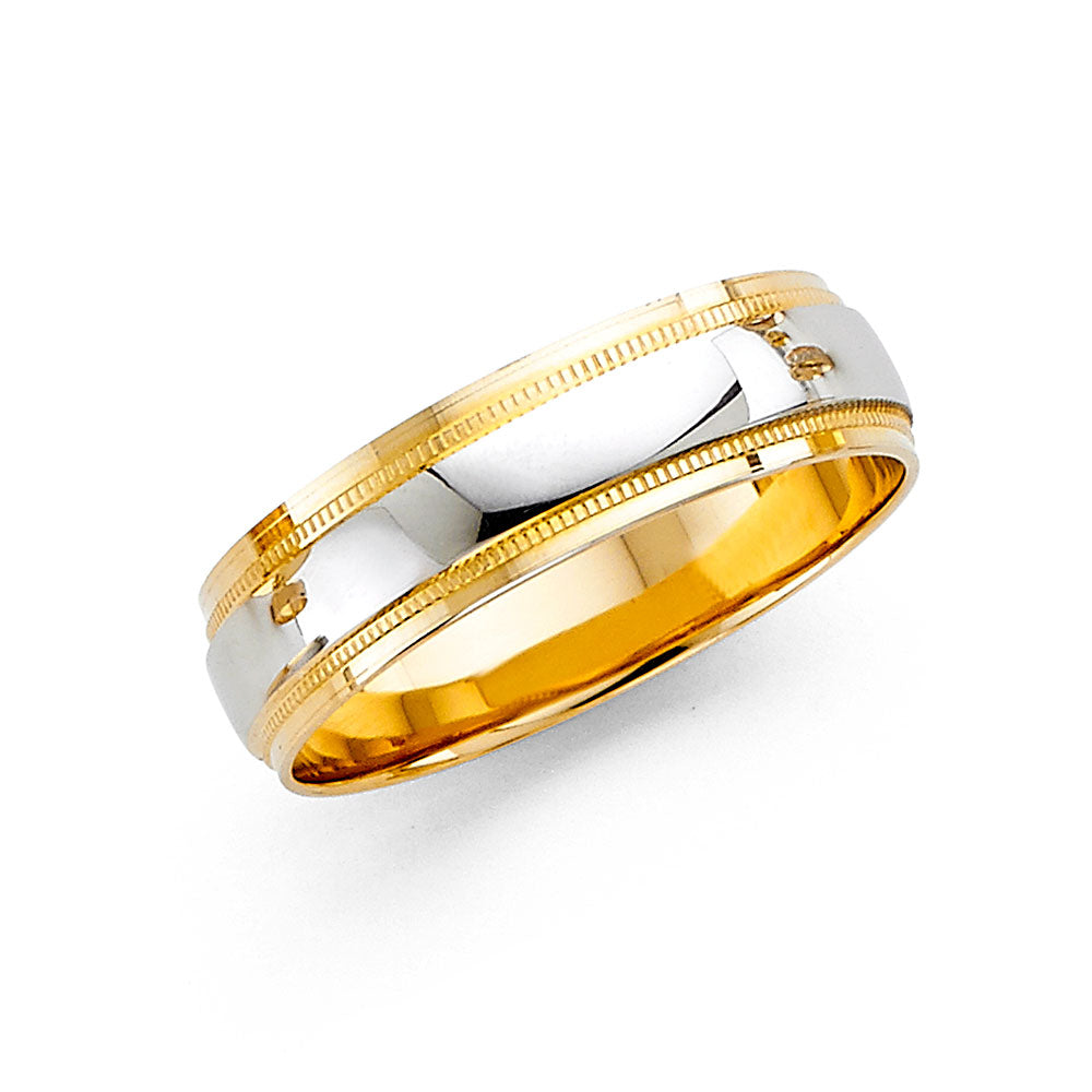 14K Two-Tone Gold High-Polish Center 6mm Men's Wedding Band with Milgrain Edges