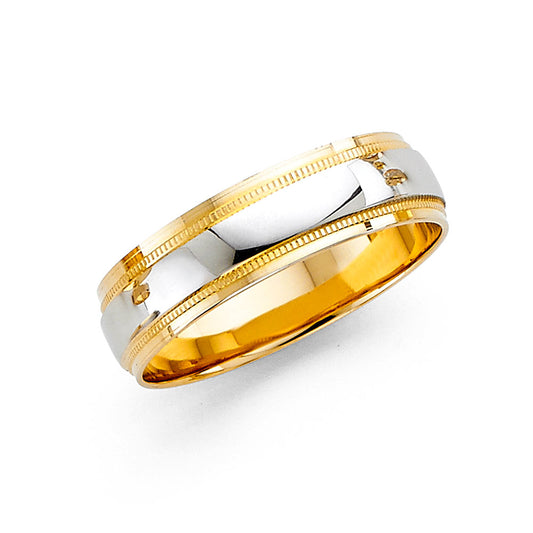 14K Two-Tone Gold High-Polish Center 6mm Men's Wedding Band with Milgrain Edges