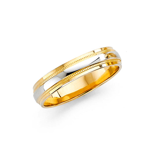14K Two-Tone Gold High-Polish Center 4mm Women's Wedding Band with Milgrain Edges