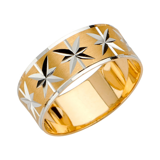 14K Two-Tone Gold Diamond-Cut Star Pattern 8mm Men's Wedding Band