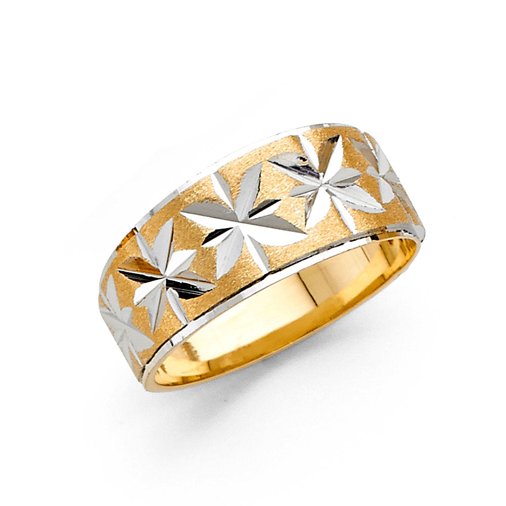 14K Two-Tone Gold Diamond-Cut Star Pattern 8mm Women's Wedding Band