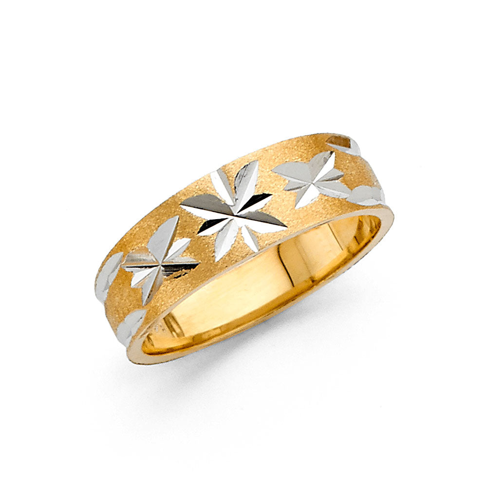 14K Two-Tone Gold Diamond-Cut Star Pattern 6mm Women's Wedding Band
