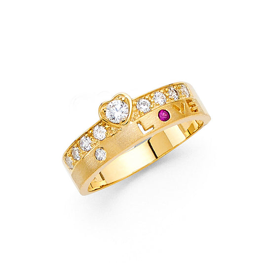 14K Yellow Gold Women's Heart Design CZ Ring with Synthetic Red Ruby CZ
