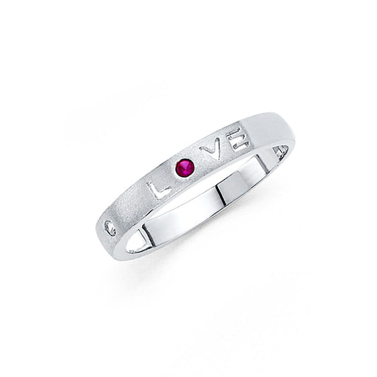 14K White Gold Women's Love Band with Synthetic Red Ruby CZ
