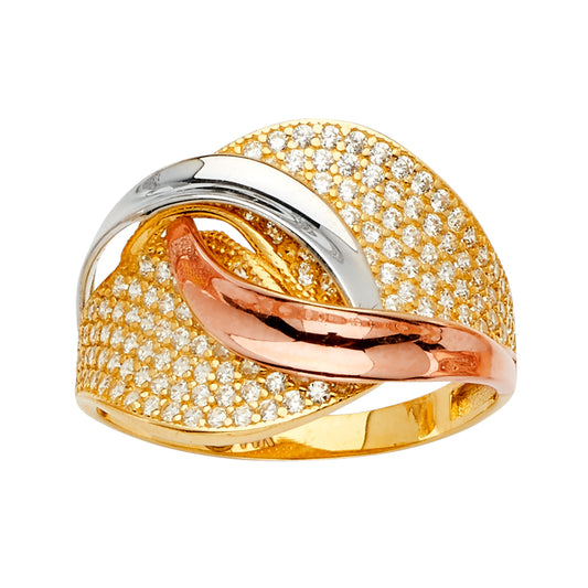 14K Tri-Color Gold Women's Pavé CZ Crossover Ring
