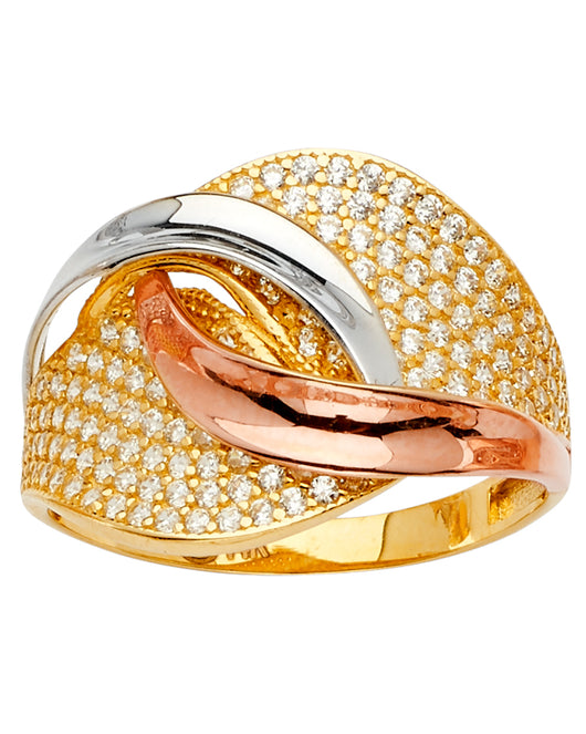 14K Tri-Color Gold Women's Pavé CZ Crossover Ring