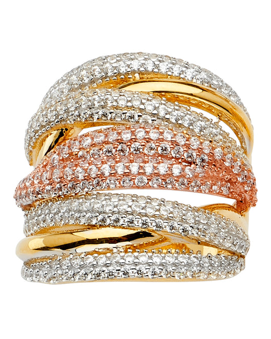 14K Tri-Color Gold Women's Multi-Row Pavé CZ Statement Ring