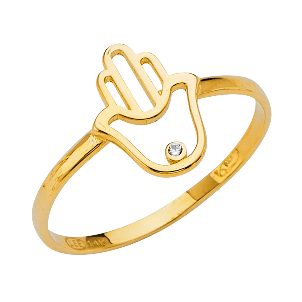 14K Yellow Gold Hamsa Hand Design CZ Ring