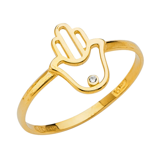 14K Yellow Gold Hamsa Hand Design CZ Ring