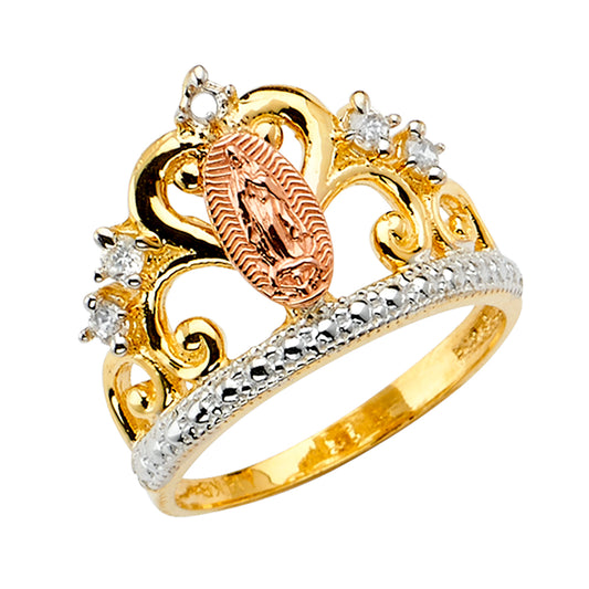 14K Tri-Color Gold Crown Design Our Lady of Guadalupe CZ Women’s Ring