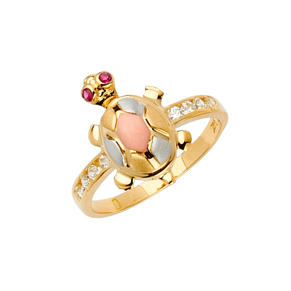 14K Tri-Color Gold Turtle Design CZ Ring