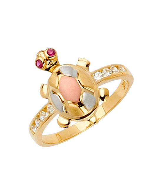 14K Tri-Color Gold Turtle Design CZ Ring