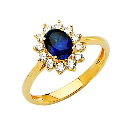 14K Yellow Gold Oval Shaped Sapphire Blue CZ Halo Ring