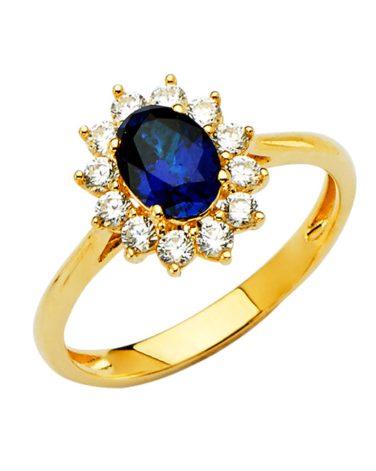 14K Yellow Gold Oval Shaped Sapphire Blue CZ Halo Ring