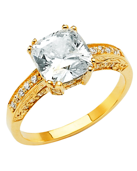 14K Yellow Gold Cushion Shaped Solitaire CZ Ring with Filigree & CZ Accents