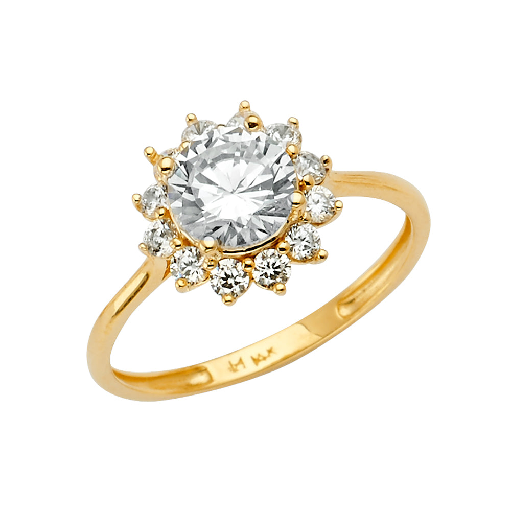 14K Yellow Gold Women’s Round Halo Solitaire CZ Ring