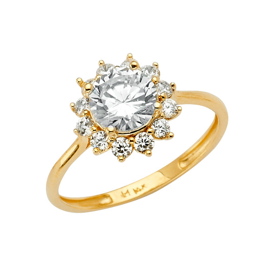 14K Yellow Gold Women’s Round Halo Solitaire CZ Ring