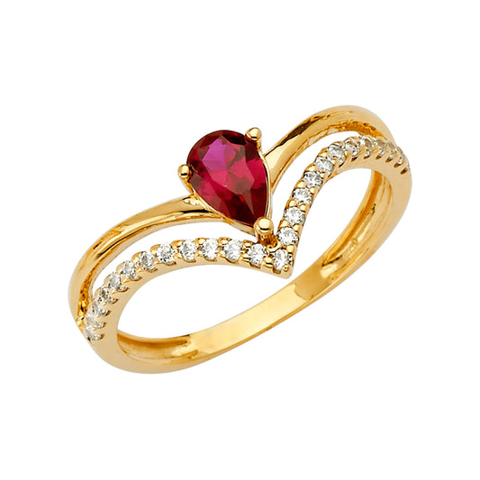 14K Yellow Gold Pear Cut Synthetic Red Ruby CZ Split Shank Ring
