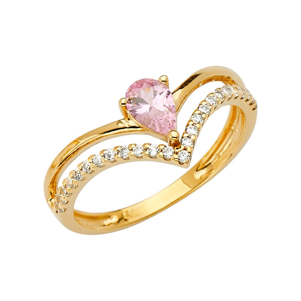 14K Yellow Gold Pear Cut Pink CZ Split Shank Ring
