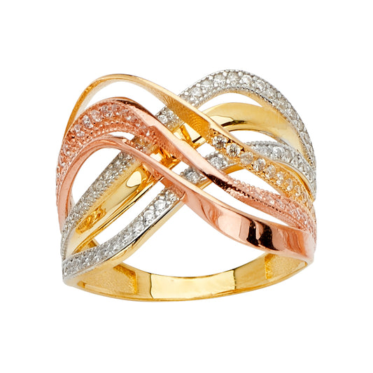 14K Tri-Color Gold Women's Crisscross Pavé CZ Ring