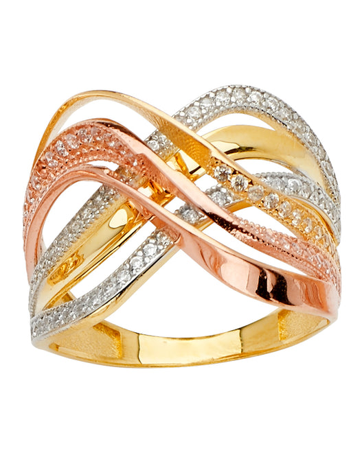 14K Tri-Color Gold Women's Crisscross Pavé CZ Ring
