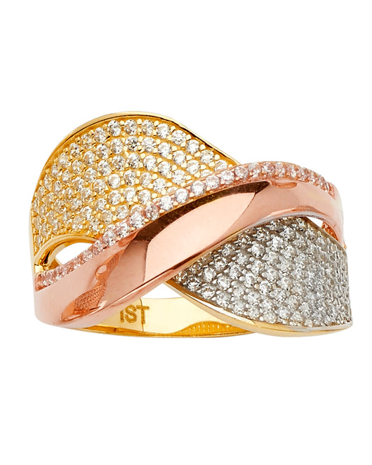 14K Tri-Color Gold Women's Wave Design CZ Ring