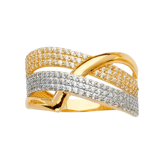 14K Two-Tone Gold CZ Crossover Wide Ring