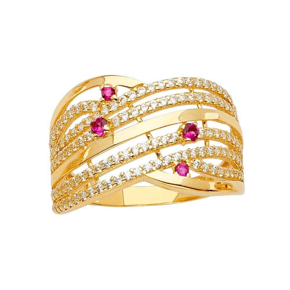 14K Yellow Gold Women’s Multi-Row CZ Ring with Synthetic Red Ruby CZ