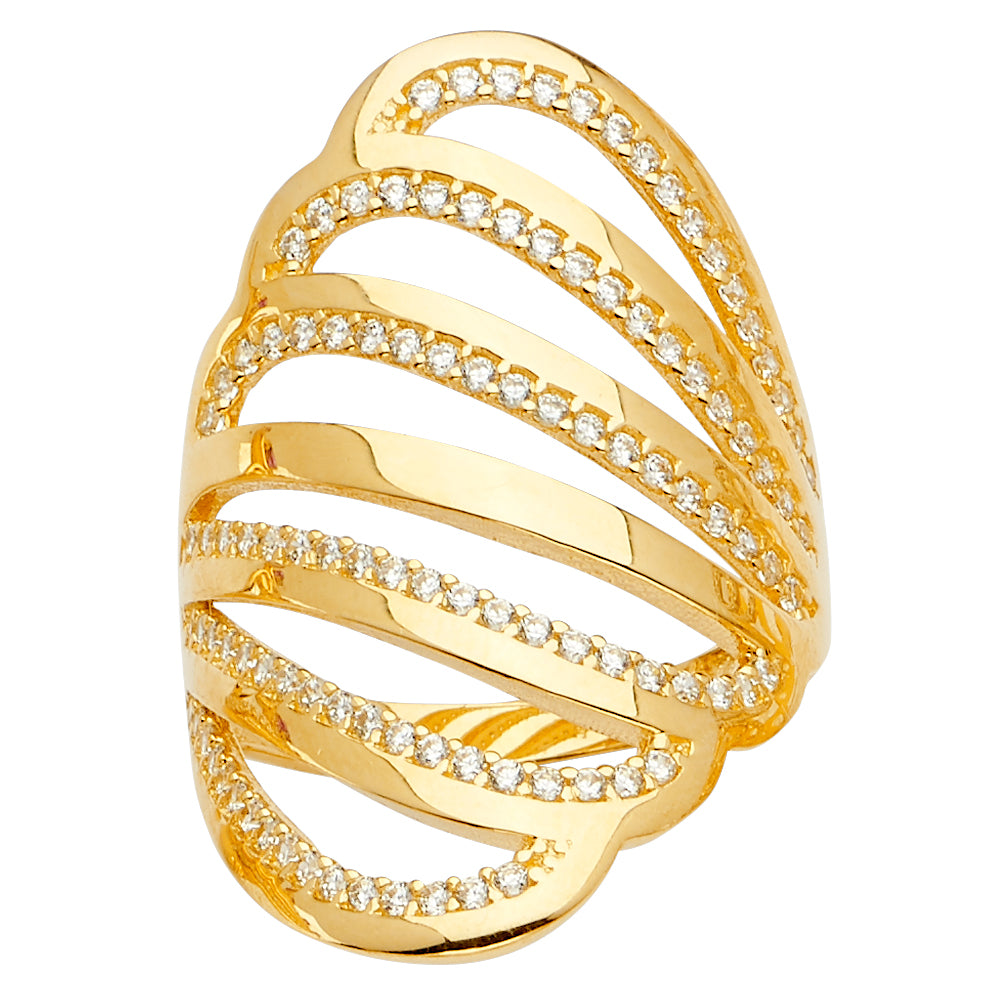 14K Yellow Gold Women's Multi-Row Wave Design CZ Ring