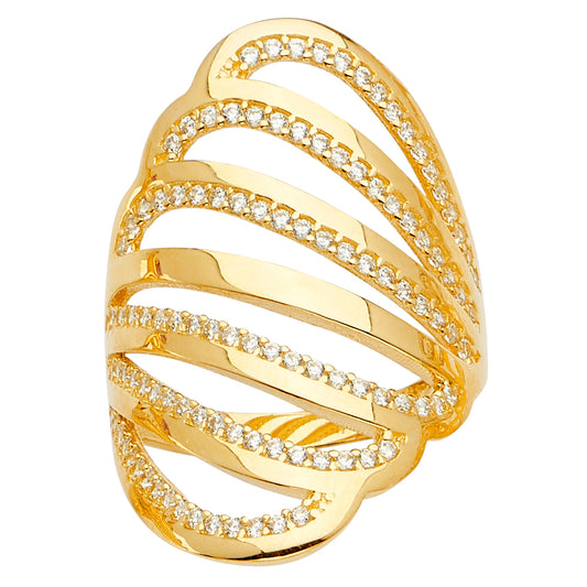 14K Yellow Gold Women's Multi-Row Wave Design CZ Ring