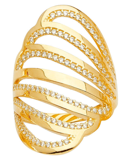14K Yellow Gold Women's Multi-Row Wave Design CZ Ring