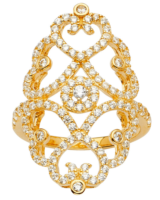 14K Yellow Gold Women's Openwork Heart & Scroll Design CZ Ring