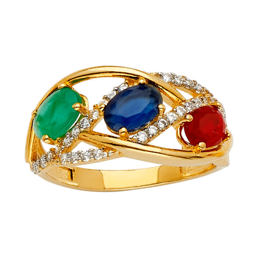 14K Yellow Gold Women’s Intertwined Design Multicolor CZ Ring